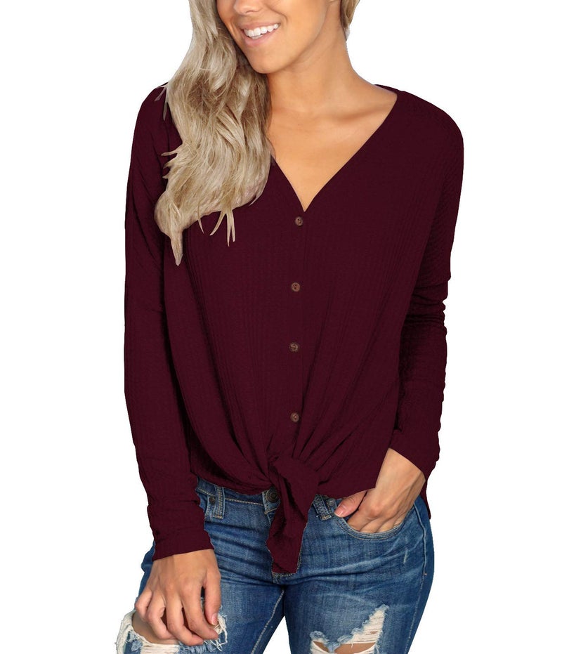 IWOLLENCE Womens Loose Henley Blouse Bat Wing Long Sleeve Button Down T Shirts Tie Front Knot Tops Wine Red, S - Image 2